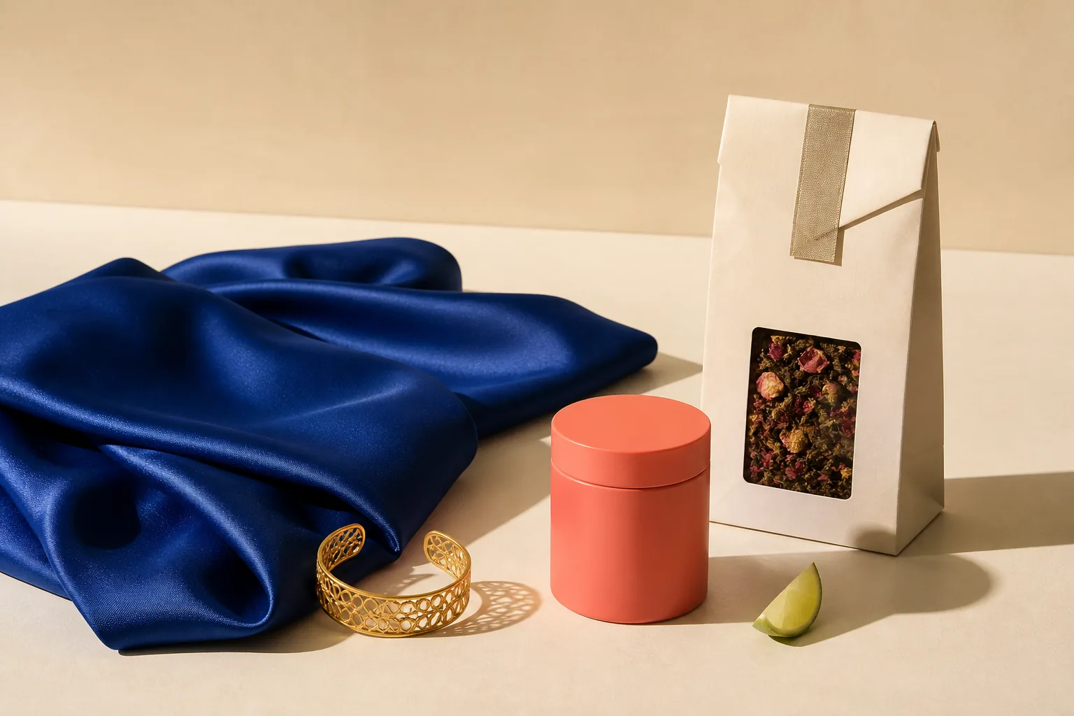 Editorial still life with fashion, jewellery, beauty, and food products