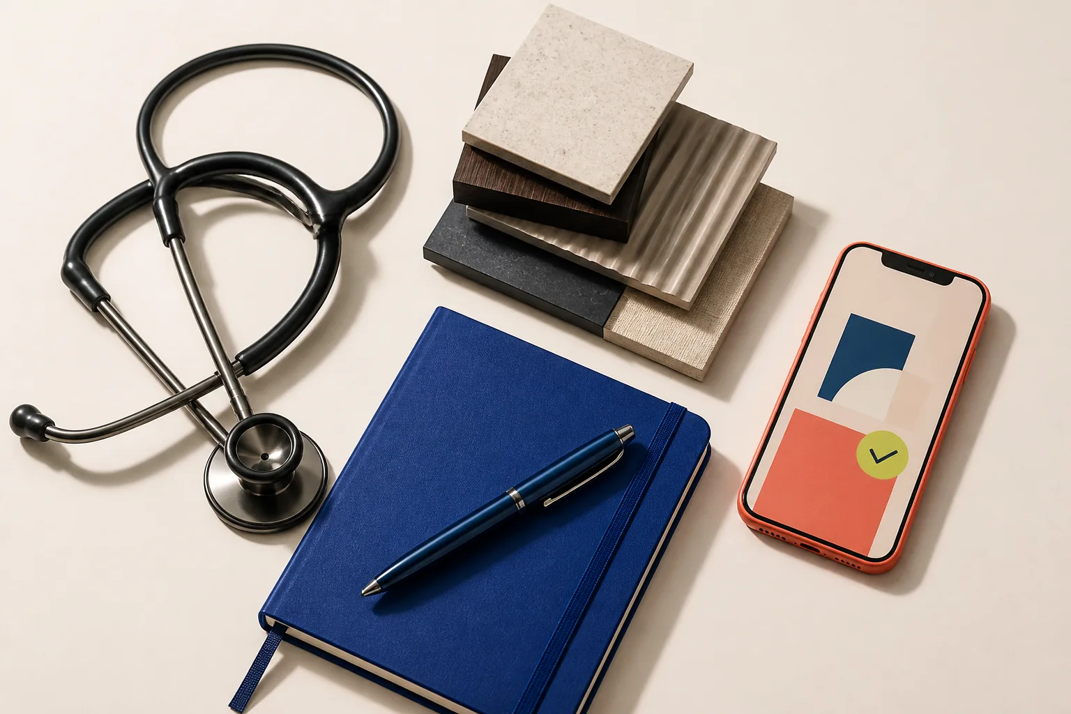 Editorial still life representing healthcare, consulting, interiors, and education